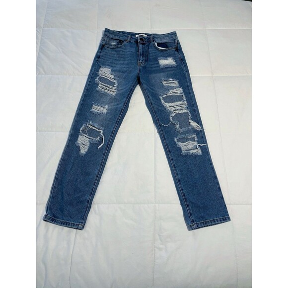 FOREVER 21 Jeans Womens 27 High Rise Boyfriend Distressed Blue Denim - Picture 1 of 4